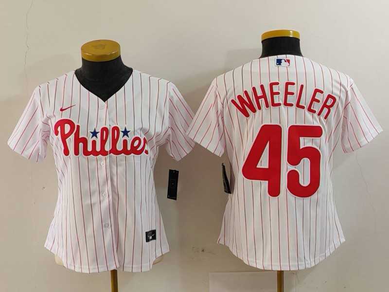 Womens Philadelphia Phillies #45 Zack Wheeler White Pinstripe Stitched Cool Base Jersey